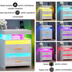 NOA237 - Set 2x Noptiere Alb Lucios, 45 cm, cu 2 sertare si raft, cu LED, USB, Incarcare Wireless, pentru dormitor - Alb-Auriu - Img 3