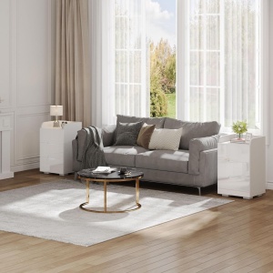 NOA47 - Set 2x Noptiere albe 40x34x63 cm, cu 3 sertare, dormitor - Alb Lucios - Img 2