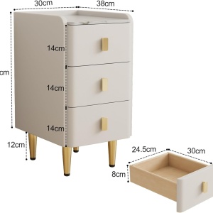 NOA5 - Set 2 Noptiere foarte inguste, 20 cm sau 30 cm, cu 3 sertare, dormitor - Alb - Auriu - Img 7