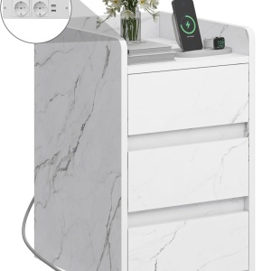 NOA64 - Set 2 Noptiere albe 35 cm, cu 3 sertare Priza si USB, dormitor - Alb Imitatie de Marmura - Img 6