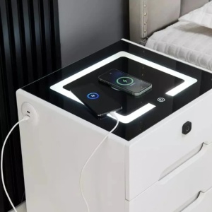NOA76 - Set 2x Noptiere 50 cm, cu 3 sertare, LED, Incarcare Wireless, Inchidere Amprenta, Sticla Securizata, USB-C si Bluetooth, dormitor - Alb - Img 4
