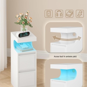 NOA79 - Set 2 Noptiere, 24 cm, foarte inguste, cu LED, 2 Sertare si Raft - Alb - Img 7