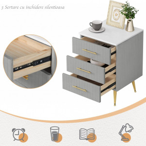 NOG205 - Set 2 Noptiere, 41 cm, cu 3 sertare pentru dormitor - Gri - Auriu - Img 8