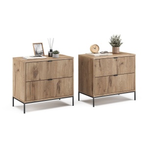 NOM210 - Set 2x Noptiere 66 cm, cu 2 sertare, pentru dormitor - Culoarea Stejar - Negru
