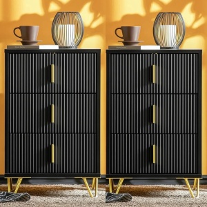 NON12 - Set 2x Noptiere negre 40x40x63cm, riflaje, cu 3 sertare, dormitor - Negru-Auriu