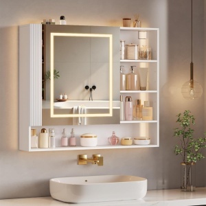 Oglinda Led cu dulapior alb, cu Priza, Rafturi ajustabile si Riflaj - Mobilier Baie VELORA