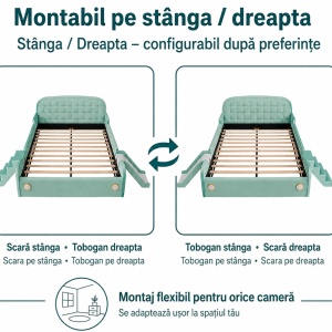 PACV202 - Pat tapitat cu Tobogan si Scarita 90 / 140 x 200 cm - Pat copii, baieti Masinuta - Catifea Verde - Img 10