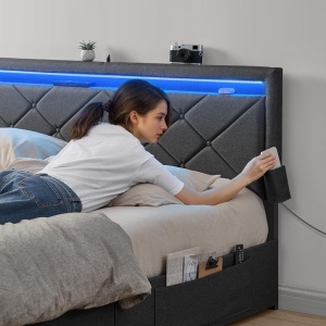PAG2 - Pat tapitat, 140 sau 160 x 200 cm, cu 4 Sertare, LED, USB si USB-C, Organizatoare Carti - Gri - Img 5