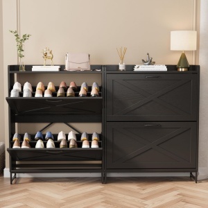 PANA32 - Pantofar 80 cm ingust, 2 compartimente, pantofare, depozitare pantofi, mobilier hol - Alb / Negru - Img 5
