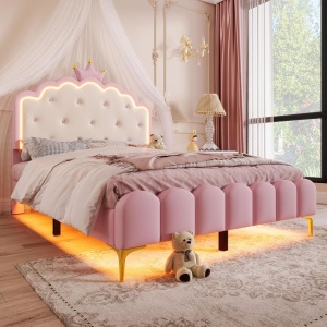 PARC203 - Pat tapitat cu LED, 90 / 140 x 200 cm - patut copii, fetite cu sau fara Spatiu depozitare sau Sertar - Piele ecologica Roz - Img 5