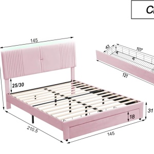 PARC205 - Pat tapitat cu LED si USB, 140 / 160 x 200 cm, cu Sertar - Gri - Img 9