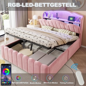 PARC208 - Pat tapitat cu LED, 140 x 200 cm - Pat copii, fetite cu Spatiu depozitare, Porturi USB si USB-C - Catifea Roz / Crem - Img 11