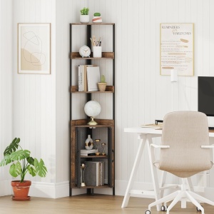 RAAU15 - Raft colt cu 3 polite si 1 dulap, 32 cm pentru birou, hol, living, baie - Auriu Alb / Maro - Img 4