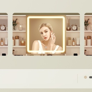 SEA1 - Set Masa toaleta 104 cm, cu 3 sertare, Cu Priza, USB si USB-C, cosmetica, machiaj, oglinda cu LED, masuta vanity, make-up - Alb - Img 4