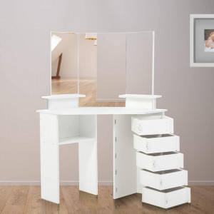 SEA296 - Set Masa toaleta, 111 cm, cosmetica machiaj cu oglinda, masuta vanity pe colt - Alb
