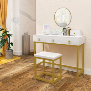 SEA392 - Set Masa toaleta, 100 cm, cosmetica machiaj, cu oglinda si taburet - Alb-Auriu