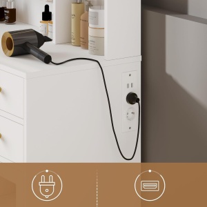 SEA827 - Set Masa toaleta 110 cm, cu Priza si USB, 5 Sertare, rafturi, Oglinda cu LED, Organizator Bijuterii, masuta vanity, make-up - Alb - Auriu - Img 6