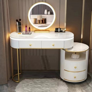 SEA90 - Set Masa toaleta, 100 cm, cosmetica, masa machiaj cu oglinda LED si scaun, masuta vanity - Alb-Auriu