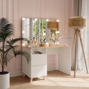 SEA913 - Set masă toaletă 110 cm pentru machiaj cu oglindă LED, opțiune cu sau fără scaun – Design modern și funcțional - Alb - Culoarea Stejar - Img 6