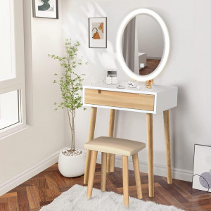 SEM234 - Set Masa toaleta, 60 cm, cosmetica machiaj, oglinda cu LED, masuta vanity, scaun tapitat - Alb - Maro