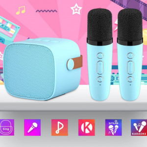 CADC2 - Set Sistem Mini Karaoke si 2 Mini Microfoane, Jucarii copii, Cadou pentru Craciun, Petreceri in familie - Albastru - Img 2
