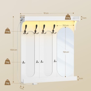Cuier de perete alb cu LED, 92 cm, cu 10 agatatori haine, cu Oglinda si Raft - CUIA4 - Img 3