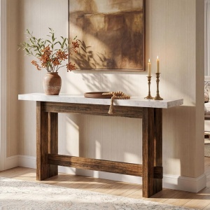 MAM45 - Masa Consola, 160 cm, masuta Hol, Aspec Lemn si Marmura, Living, Dining, Dormitor - Maro - Alb