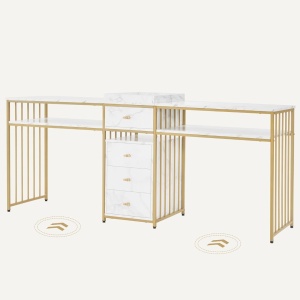 MANIAU206 - Masuta manichiura dubla, birou dublu, 200 cm, masa cosmetica pentru salon - Alb imitatie de marmura - Auriu - Img 5