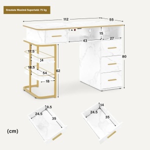 MANIAU208 - Masuta manichiura, 112 cm, cu Aspirator Incorporat cu 2 Saci, 3x Prize, masa cosmetica - Alb cu Imitatie de marmura - Auriu - Img 8