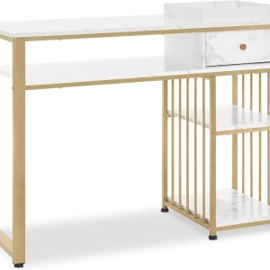 MANIAU210 - Masuta manichiura, 110 cm, birou, masa cosmetica pentru salon cu 1 Sertar si Tavita - Alb - Auriu - Img 7