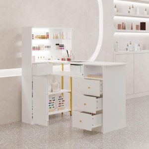 MANIAU211 - Masuta manichiura, 120 cm, birou, masa cosmetica pentru salon cu Aspirator Incorporat, Priza, LED, Sertare si Rafturi - Alb - Auriu - Img 7
