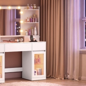 Masuta de machiaj 107 cm, cu Oglinda LED si 3 Sertare pentru Cosmetice, Set Masa toaleta Alba, masuta cosmetica, vanity cu dulapiore si rafturi - SEA21 - Img 4