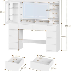 Masuta de machiaj 140 cm, cu Oglinda LED si 10 Sertare pentru Cosmetice, Set Masa toaleta Alba, masuta cosmetica, vanity cu dulapior si rafturi - SEA20 - Img 5