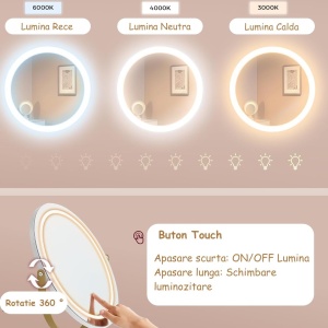 Masuta machiaj alba cu Oglinda LED si 2 Sertare pentru Cosmetice, Set Masa toaleta 80 cm sau 100 cm, masuta cosmetica cu Riflaj, vanity - SEA801 - Img 6