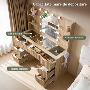 Masuta machiaj Alba sau Maro cu Oglinda LED si 7 Sertare pentru Cosmetice, Set Masa toaleta 120 cm, cu 2 Prize, USB si USB-C, masuta cosmetica, vanity cu Riflaj si Rafturi - SEM25 - Img 5