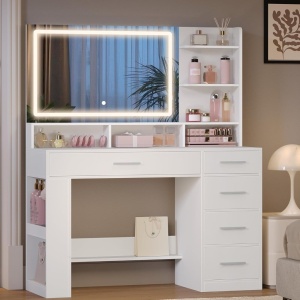 Masuta machiaj cu Oglinda HD LED si 5 Sertare pentru Cosmetice, Set Masa toaleta 108 cm, Alb, masuta cosmetica, vanity - SEA13