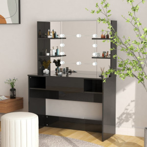 Masuta machiaj cu Oglinda LED si 1 Sertar pentru Cosmetice, Set Masa toaleta 100 cm, Negru, masuta cosmetica, vanity - SEN705
