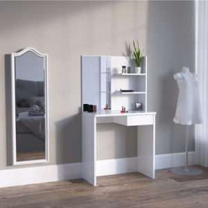 Masuta machiaj cu Oglinda LED si 1 Sertar pentru Cosmetice, Set Masa toaleta 75 cm, Alb, masuta cosmetica, vanity - SEA333