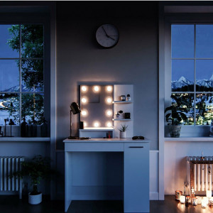 Masuta machiaj cu Oglinda LED si 1 Sertar pentru Cosmetice, Set Masa toaleta 90 cm, Alb, masuta cosmetica, vanity - SEA267