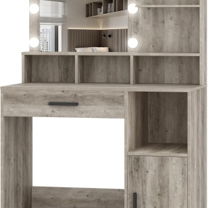 Masuta machiaj cu Oglinda LED si 1 Sertar pentru Cosmetice, Set Masa toaleta 80 cm, Alb / Negru / Gri, masuta cosmetica, vanity - SEG19 - Img 7