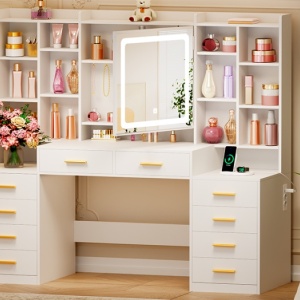 Masuta machiaj cu Oglinda LED si 10 Sertare si Rafturi pentru Cosmetice, Set Masa toaleta 150 cm, Alb, masuta cosmetica cu Priza si USB, vanity cu Dulapior Bijuterii - SEA204 - Img 6