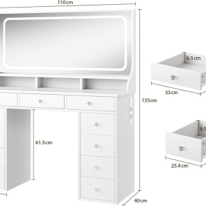 Masuta machiaj cu Oglinda LED si 11 Sertare pentru Cosmetice, Set Masa toaleta 110 cm, Alb, masuta cosmetica, vanity - SEA909 - Img 4