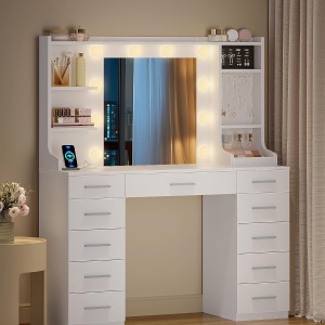 Masuta machiaj cu Oglinda LED si 11 Sertare pentru Cosmetice, Set Masa toaleta 108 cm, Alb, masuta cosmetica, vanity - SEA9