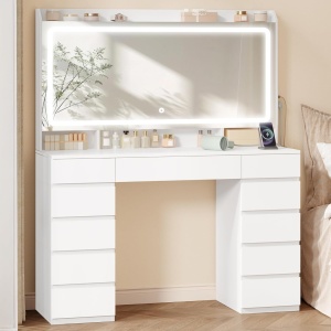 Masuta machiaj cu Oglinda LED si 11 Sertare pentru Cosmetice, Set Masa toaleta 108 cm, Alb, masuta cosmetica, vanity cu Priza si USB - SEA12