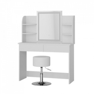 Masuta machiaj cu Oglinda LED si 2 Sertare pentru Cosmetice, Set Masa toaleta 106 cm, Alb, masuta cosmetica, vanity - SEA413 - Img 3