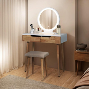 Masuta machiaj cu Oglinda LED si 2 Sertare pentru Cosmetice, Set Masa toaleta 80 cm, Alb, masuta cosmetica, vanity - SEA432