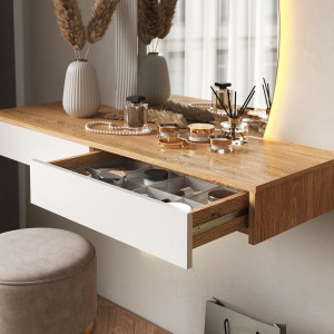 Masuta machiaj cu Oglinda LED si 2 Sertare pentru Cosmetice, Set Masa toaleta 120 cm, Alb, masuta vanity cu Riflaj, cosmetica - SEM236 - Img 6