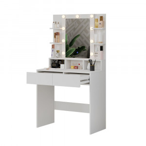 Masuta machiaj cu Oglinda LED si 2 Sertare pentru Cosmetice, Set Masa toaleta 80 cm, Alb, masuta cosmetica, vanity - SEA451 - Img 5