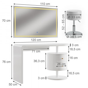 Masuta machiaj cu Oglinda LED si 2 Sertare pentru Cosmetice, Set Masa toaleta 120 cm, Alb Lucios, masuta cosmetica, vanity - SEA462 - Img 5