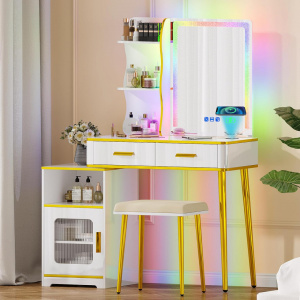 Masuta machiaj cu Oglinda LED si 2 Sertare pentru Cosmetice, Set Masa toaleta 80 cm, Alb, masuta cosmetica, vanity - SEA473 - Img 2